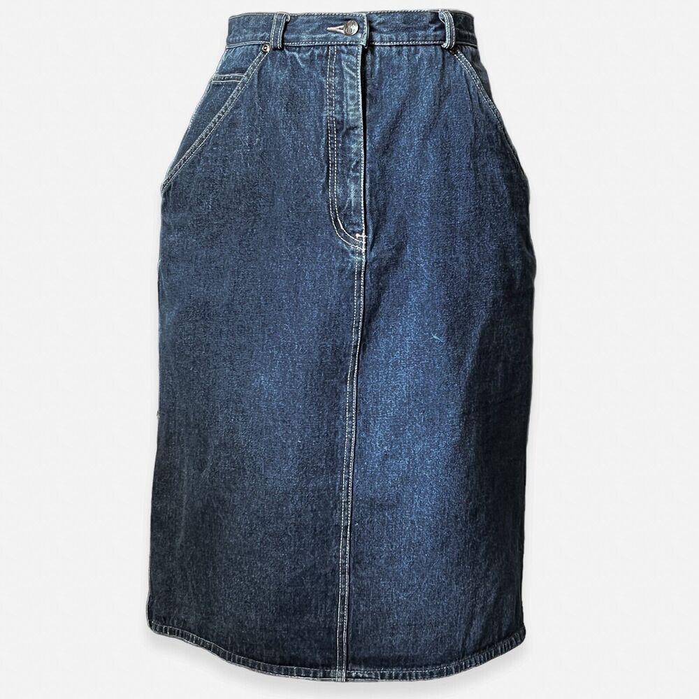 Bill Blass Y2K Denim Skirt Size 8 Front Zip 100% Cotton Back Slit 5 Pocket Style